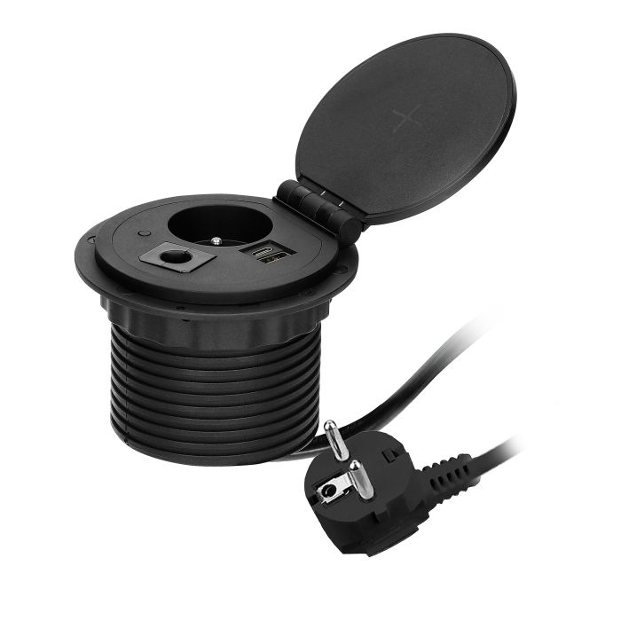[ORNOR-GM-9015/B] 141141 - Recessed desk socket, black Ø8cm with induction charger, 2 USB ports (A, C) for quick charging and 1.8m cable with cable gland, 2,4A 5V