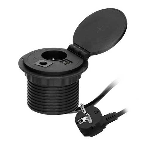 [ORNOR-GM-9015/B] 141141 - Recessed desk socket, black Ø8cm with induction charger, 2 USB ports (A, C) for quick charging and 1.8m cable with cable gland, 2,4A 5V
