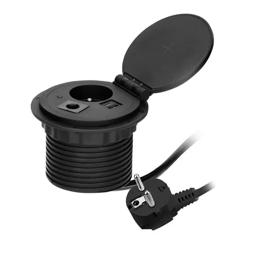 [ORNOR-GM-9015/B] 149467 - Recessed desk socket, black Ø8cm with induction charger, 2 USB ports (A, C) for quick charging and 1.8m cable with cable gland, 2,4A 5V