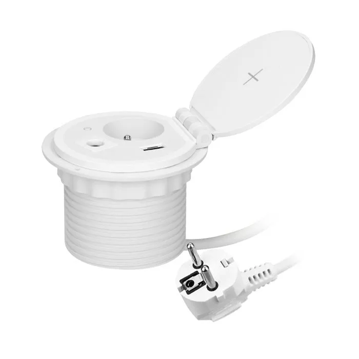 [ORNOR-GM-9015/W] 149466 - Recessed desk socket, white Ø8cm with induction charger, 2 USB ports (A, C) for quick charging and 1.8m cable with cable gland, 2,4A 5V