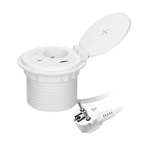 [ORNOR-GM-9015/W] 149466 - Recessed desk socket, white Ø8cm with induction charger, 2 USB ports (A, C) for quick charging and 1.8m cable with cable gland, 2,4A 5V