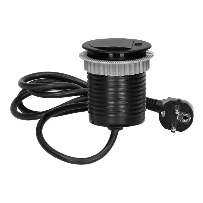 [ORNOR-AE-1373/B] 141136 - Flush-fitted furniture socket, black Ø6cm with protective cover, USB charger and 1.9m cable, 1x2P+E, 1xUSB