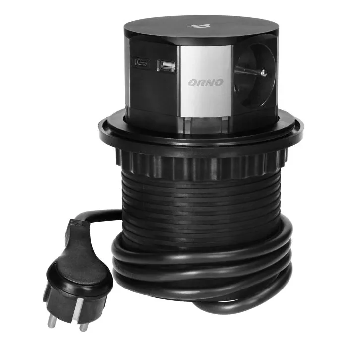 [ORNOR-GM-9017] 149456 - Recessed furniture sockets Ø10cm with inductive charger, USB charger and 1.5m, 3x2P+E cable, Qi 1.2.4 max. 10W, 2xUSB QC 3.0