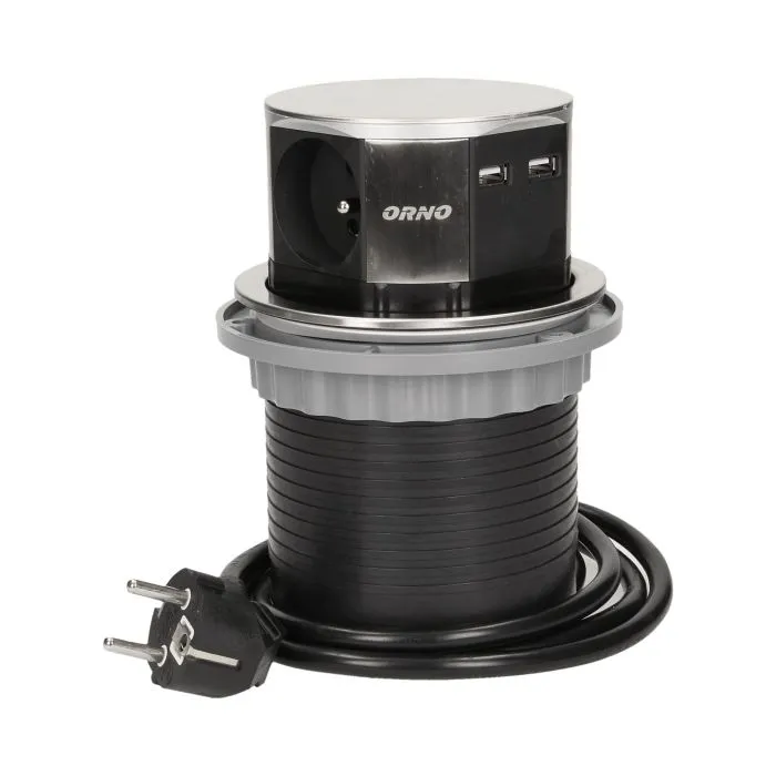 [ORNOR-AE-1381] 149455 - Flushfitting furniture socket with USB charger and 1.5m cable, INOX power supply: 230V AC, number of sockets: 3x16A/230V AC, output USB charger: 5V DC/1050mAx2, max. load: 3680W