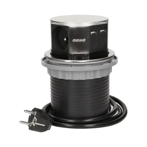 [ORNOR-AE-1381] 149455 - Flushfitting furniture socket with USB charger and 1.5m cable, INOX power supply: 230V AC, number of sockets: 3x16A/230V AC, output USB charger: 5V DC/1050mAx2, max. load: 3680W