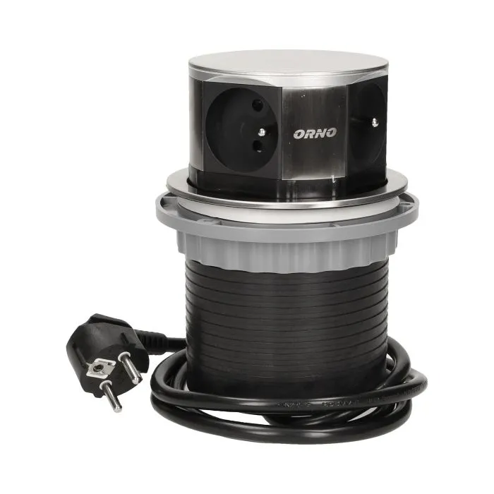 [ORNOR-AE-1380] 141126 - Flush-fitting furniture socket with 1.5m cable, INOX power supply: 230V AC, number of sockets: 4x16A/230V AC, max. load: 3680W, protection rating: IP20