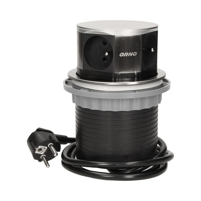 [ORNOR-AE-1380] 141126 - Flush-fitting furniture socket with 1.5m cable, INOX power supply: 230V AC, number of sockets: 4x16A/230V AC, max. load: 3680W, protection rating: IP20