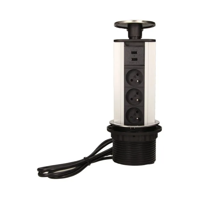 [ORNOR-AE-1354] 141123 - Pop up desk socket ⌀10cm with USB chargers and 1.8m cable, INOX 3 x 230V AC/16A; 3680W; IP20; cabel lenght 1,8 m, 2xUSB; for use in furniture, INOX
