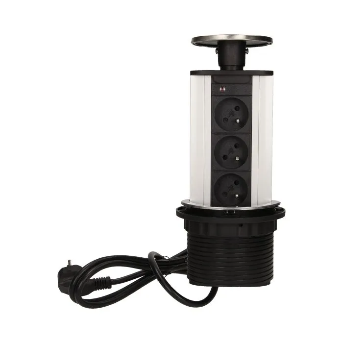 [ORNOR-AE-1352] 141122 - Pop up desk socket ⌀10cm with 1.8m cable, INOX 3 x 230V AC/16A; 3680W; IP20; cabel lenght 1,8 m,  for use in furniture; INOX