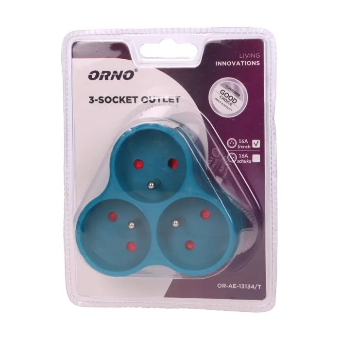 [ORNOR-AE-13134/T] 149214- Triple socket outlet, turquoise Three-socket splitter with grounding, suitable for any interior where additional sockets are required.