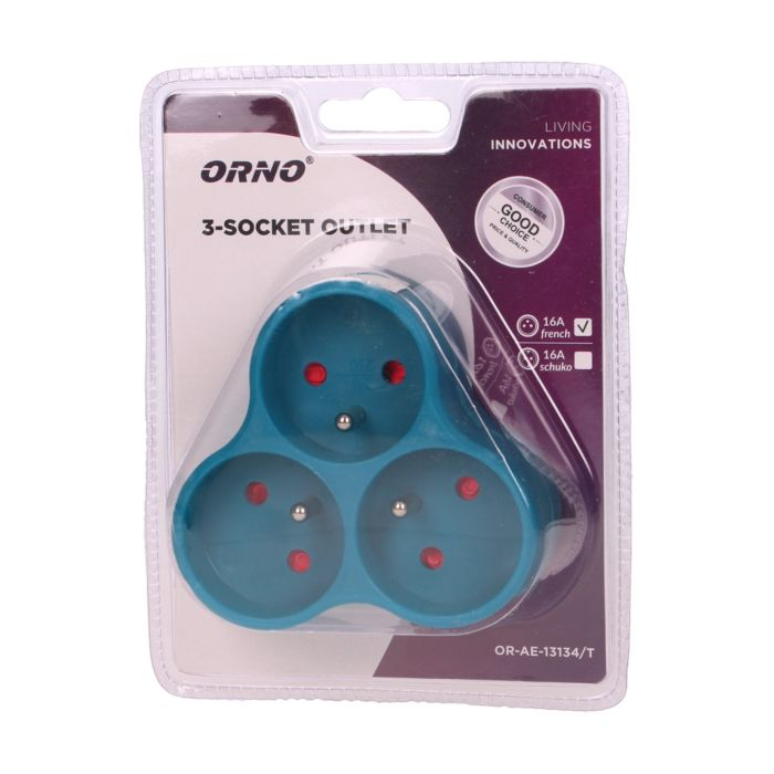 [ORNOR-AE-13134/T] 149214- Triple socket outlet, turquoise Three-socket splitter with grounding, suitable for any interior where additional sockets are required.