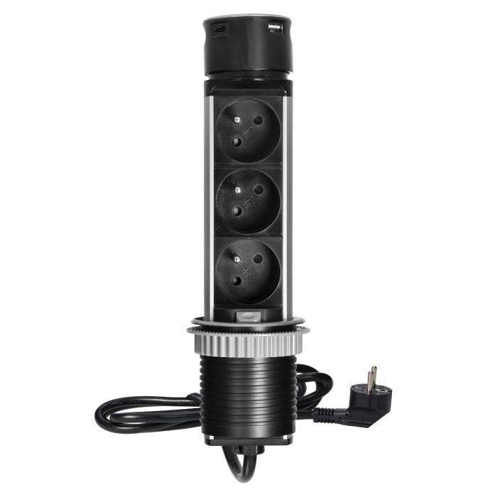 [ORNOR-GM-9027] 141121 - Recessed furniture socket Ø6cm with USB charger and 1.5m cable, 3x2P+E, 2xUSB (type A and C), INOX