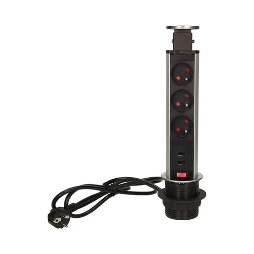 [ORNOR-AE-1350] 141120 - Pop up desk socket ⌀6cm with USB chargers and 1.8m cable, INOX 3 x 230V AC/16A; 3680W; IP20; cabel lenght 1,8 m, 2xUSB; for use in furniture; INOX