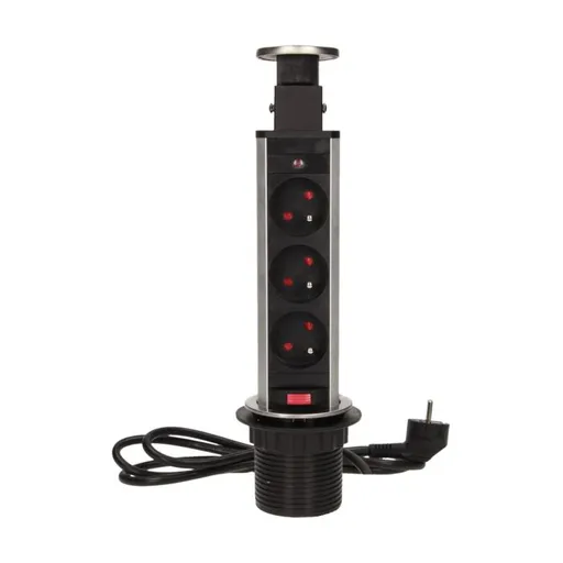 [ORNOR-AE-1348] 149446 - Pop up desk socket ⌀6cm with 1.8m cable, INOX 3 x 230V AC/16A; 3680W; IP20; cabel lenght 1.8 m, for use in furniture; INOX