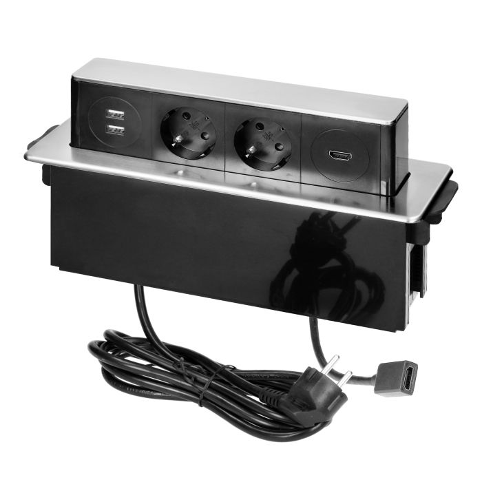 [ORNOR-GM-9016(GS)/B-G] 141108 - Recessed furniture power box with flat edge, INOX, Schuko USB chargers and 2m cord, 2x2P+E, 2xUSB (A Type), HDMI, 3x1,5mm2, black-silver