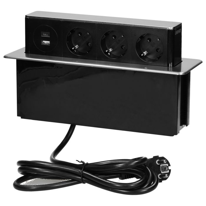 [ORNOR-GM-9014(GS)/B-G] 141107 - Recessed furniture power box with flat milled edge, Schuko type USB charger, a cord 2m long, 3 sockets F type, 2 x USB ports (A + C 3.1A), 3x1.5mm2, black-silver, INOX