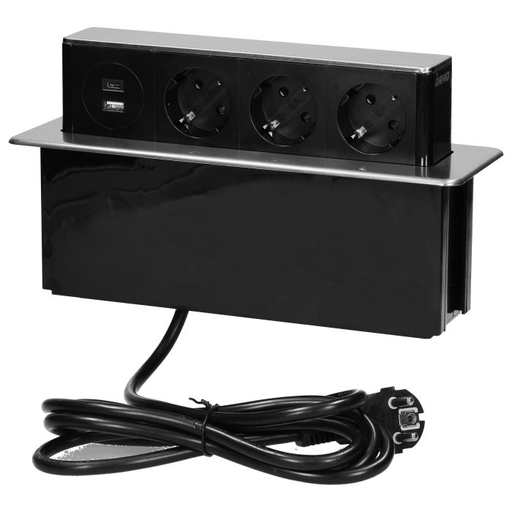 [ORNOR-GM-9014(GS)/B-G] 141107 - Recessed furniture power box with flat milled edge, Schuko type USB charger, a cord 2m long, 3 sockets F type, 2 x USB ports (A + C 3.1A), 3x1.5mm2, black-silver, INOX