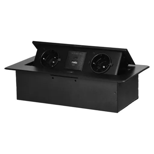 [ORNOR-GM-9034(GS)/B] 141096 - Recessed furniture socket with flat milled edge and USB charger, 2x2P+E (Schuko),2x USB (type A+C; 3.6A), black