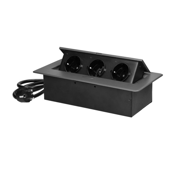 [ORNOR-GM-9033(GS)/GR] 141093 - Recessed furniture socket with flat milled edge, 1.5m cable, 3x2P+E (Schuko), graphite