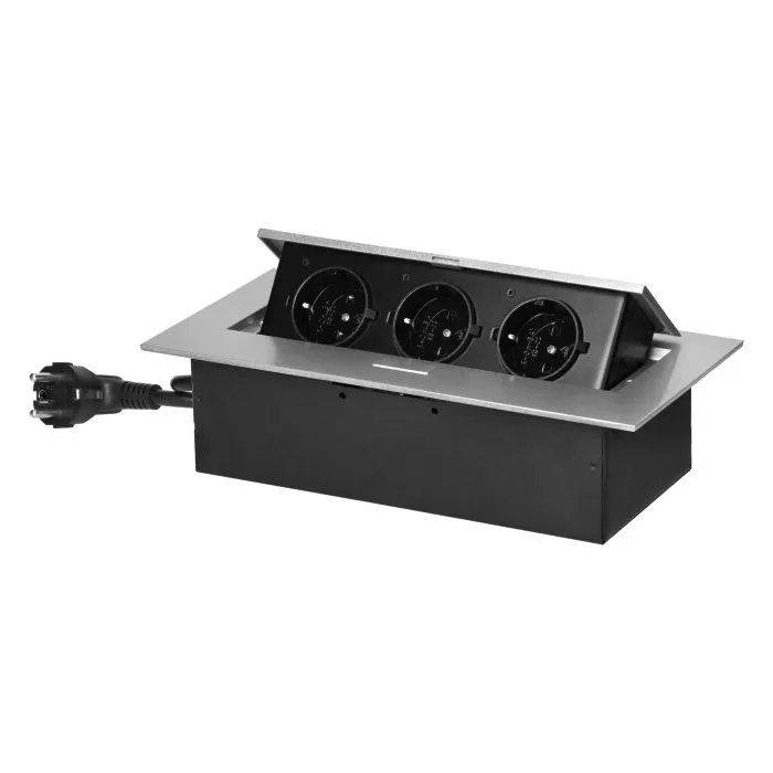 [ORNOR-GM-9037(GS)/G] 141081 - Recessed furniture socket with flat edge and 1.5m cable, 3x2P+E (Schuko), silver