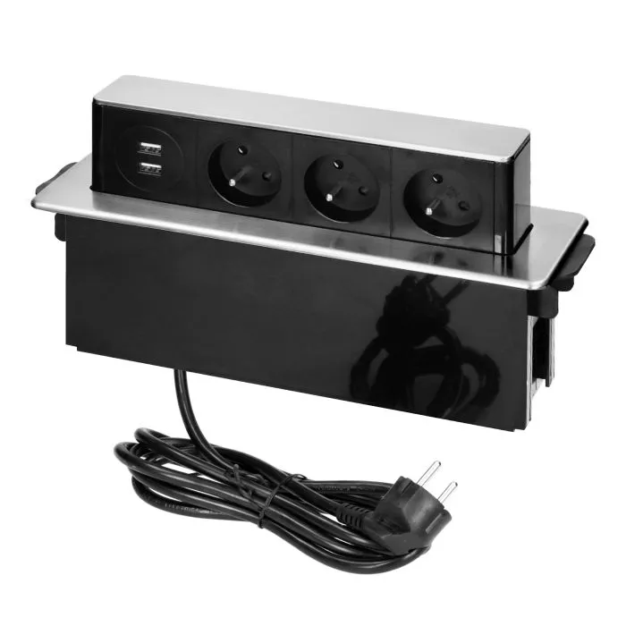 [ORNOR-GM-9009/B-G] 149411 - Recessed furniture power box 3 sockets E type, 2 USB ports, blacksilver, INOX, cable is 2 m long