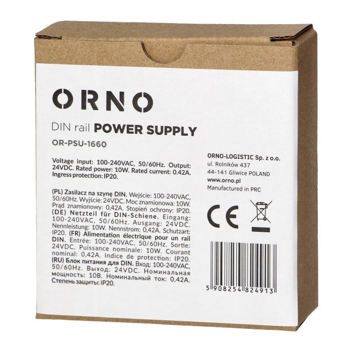 [ORNOR-PSU-1660] 140828 - Industrial power supply for a DIN rail, 24VDC, 0.42A, 10W, plastic housing