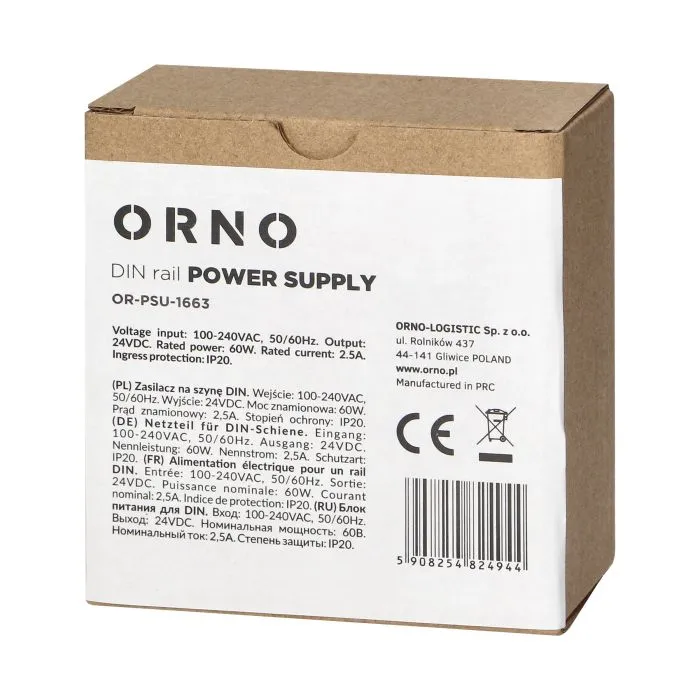 [ORNOR-PSU-1663] 140831 - Industrial power supply for a DIN rail, 24VDC, 2.5A, 60W, plastic housing