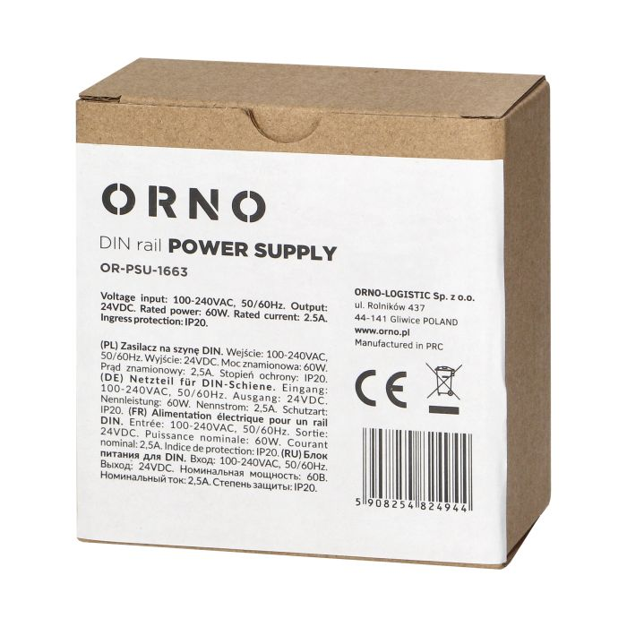 [ORNOR-PSU-1663] 140831 - Industrial power supply for a DIN rail, 24VDC, 2.5A, 60W, plastic housing