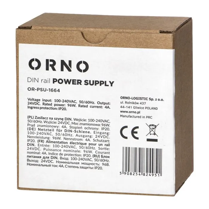[ORNOR-PSU-1664] 140832 - Industrial power supply for a DIN rail, 24VDC, 4A, 96W, plastic housing