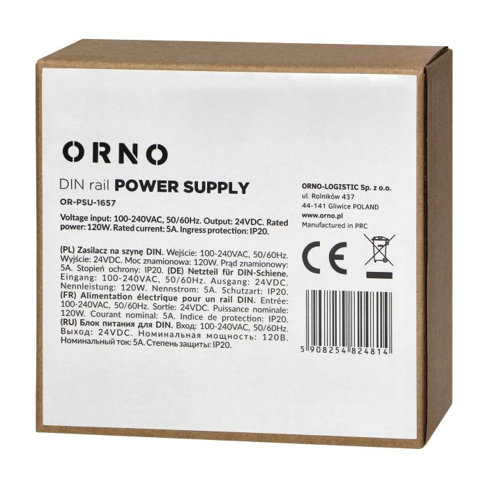 [ORNOR-PSU-1657] 140835 - Industrial power supply for a DIN rail, 24VDC, 5A, 120W, metal housing