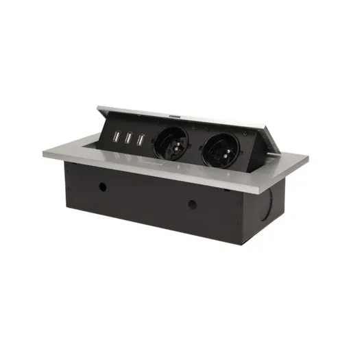 [ORNOR-AE-1324/G] 141056 - Recessed furniture socket 2x2P+E with three USB ports (wihout USB-charger), silver power supply: 230V AC / 56-60Hz; maximum load: 3600W; protection rating: IP20; colour: silver