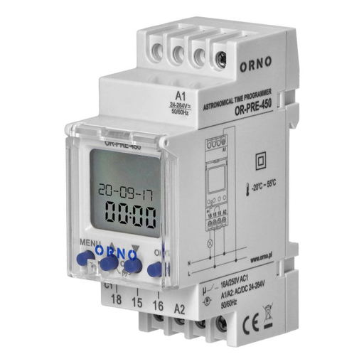 [ORNOR-PRE-450] 140851 - DIN rail digital timer, 100 programmes, 3 menu languages PL EN DE, 1 chanel, max.16A/230V, 2 modules wide