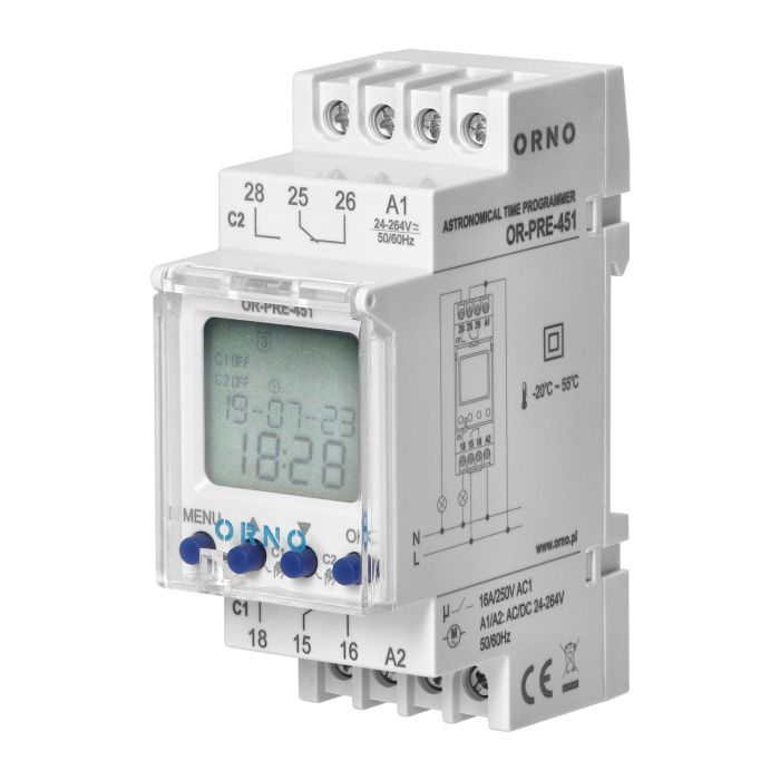 [ORNOR-PRE-451] 140852 - DIN rail digital timer, 100 programmes, 3 menu languages PL EN DE, 2 chanels, max.16A/230V, 2 modules wide