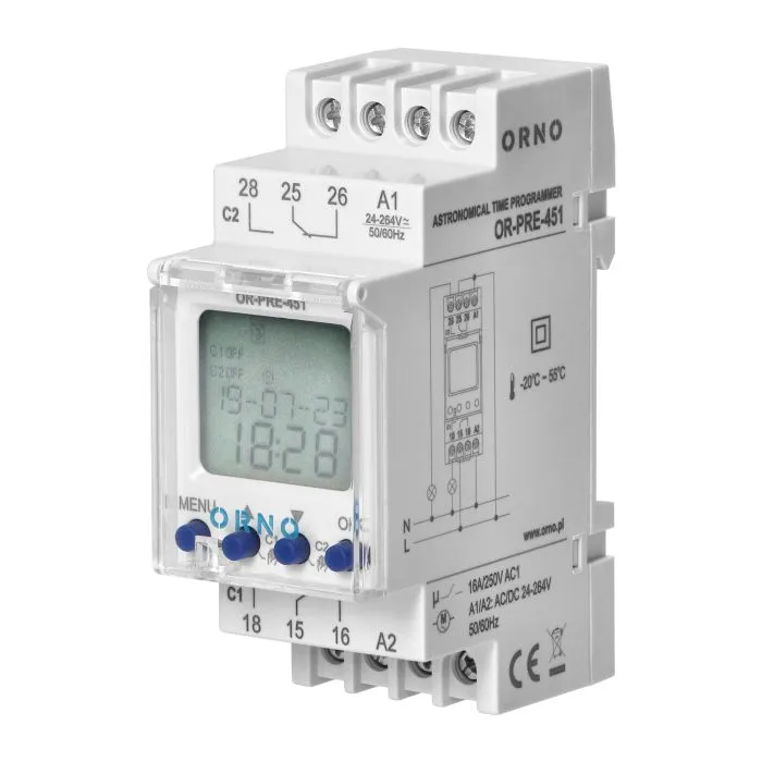 [ORNOR-PRE-451] 149048 - DIN rail digital timer, 100 programmes, 3 menu languages PL EN DE, 2 chanels, max.16A/230V, 2 modules wide