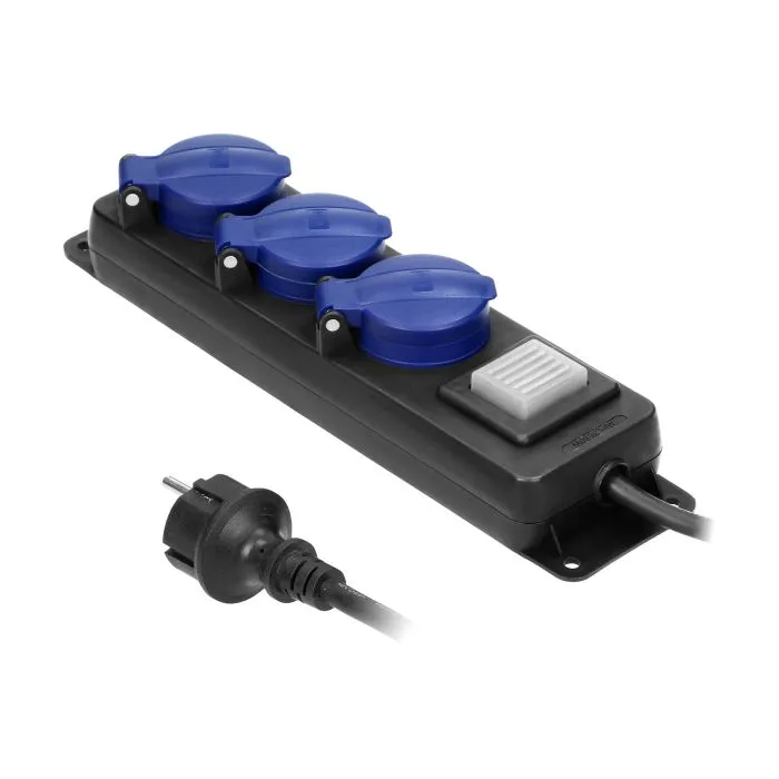 [ORNOR-AE-13192(GS)/5M] 141024 - Heavy-duty, splash-proof extension sockets, 5m, Schuko with central switch and rubber cord, 3 sockets 2P+E, IP44, H05RR-F 3x1.5mm2