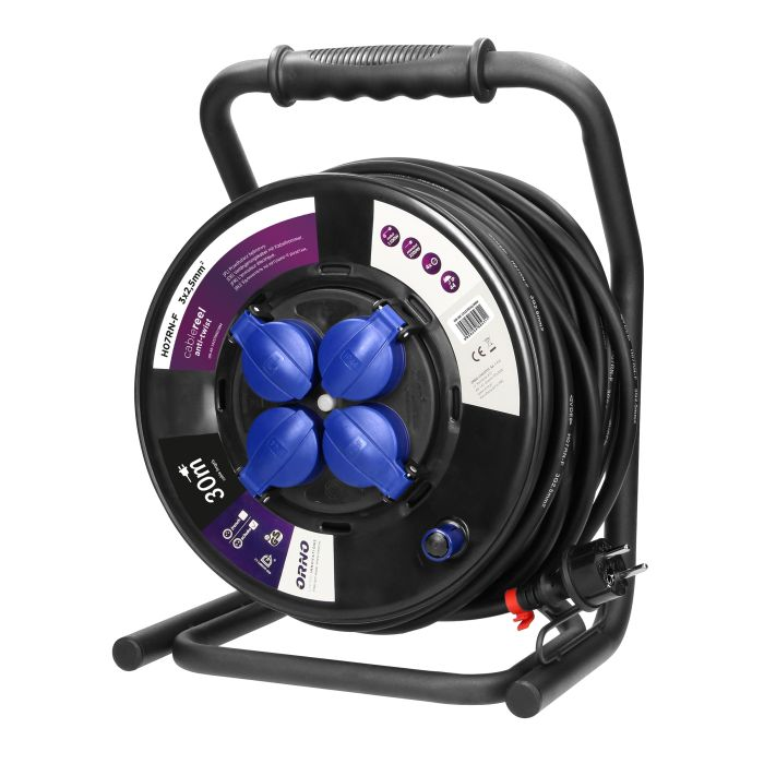 [ORNOR-AE-13157(GS)/30M] 141035 - Cable reel with 4 fixed sockets, 30m, Schuko IP44, 4 sockets 2P+E, rubber oil-resistant cord, H07RN-F 3x2.5mm2, unique CUBE stand, 4 fixed sockets, thermal switch and safety shutters