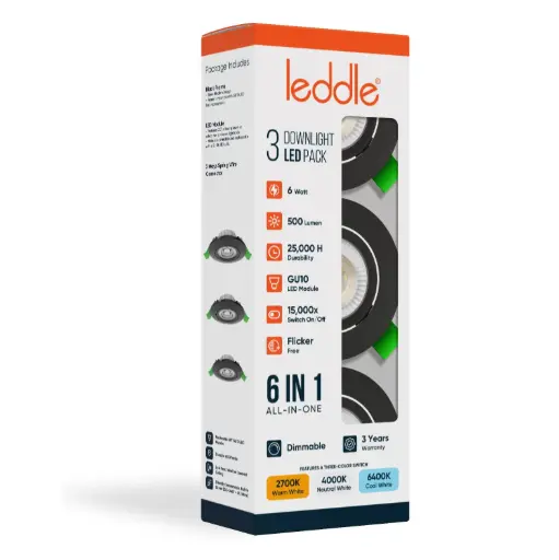 [LDL0200692] 160111- Set de 3 Spots Encastrables avec Module LED | 6W | Noir | Dimmable | CCT 6-en-1 | Connecteurs à Ressort