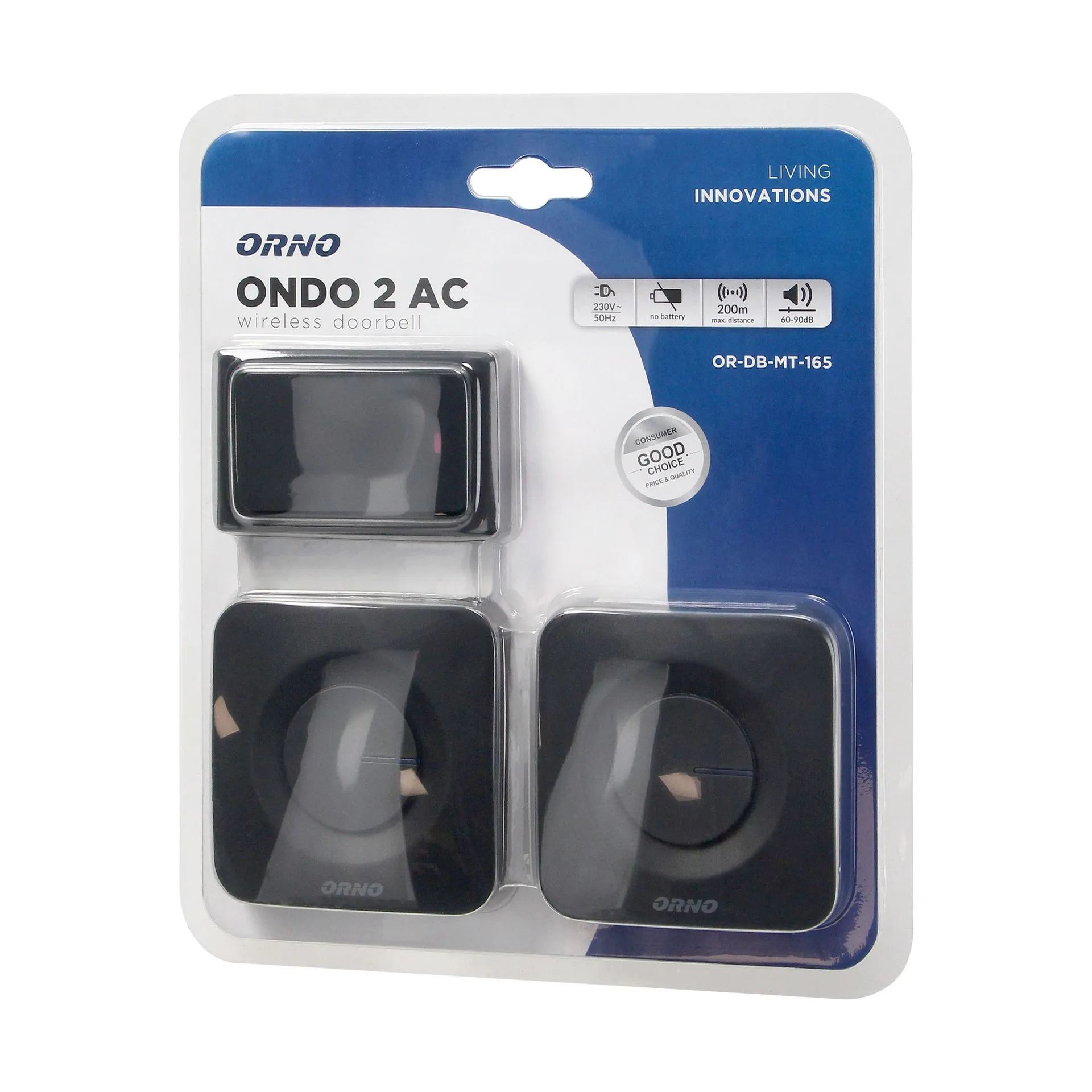 [ORNOR-DB-MT-165] 143087 - ONDO AC, set of 2 wireless doorbells, black with batteryfree button, plugin system, operation range up to 200mORN