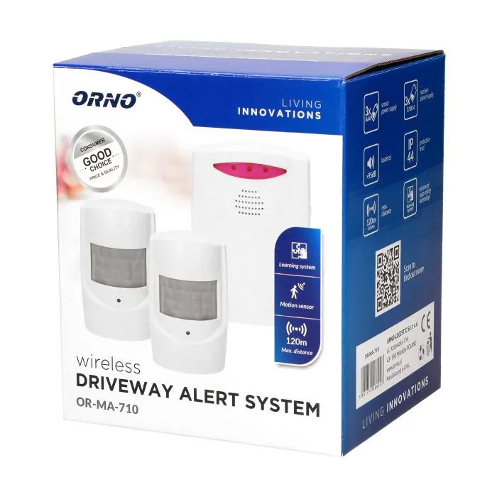 [ORNOR-MA-710] 140016 - Système d'alerte d'allée sans fil, alimentation téléavertisseur IP44 avec deux détecteurs, alimentation capteur, portée en champ libre : 120 m