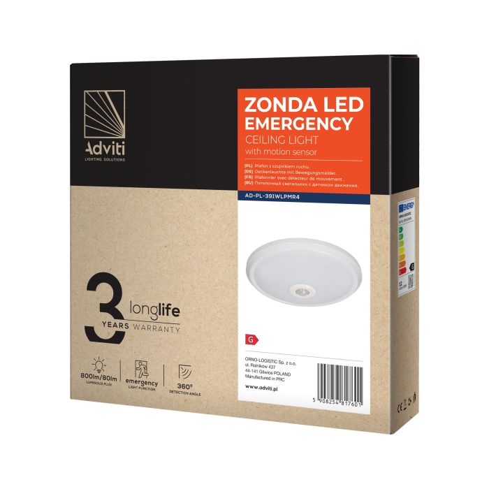 [ORNAD-PL-391WLPMR4] 140037-ZONDA LED EMERGENCY 12W/1,2W, plafondlamp, wit met bewegingssensor, 800lm/80lm, IP20, 4000K, melkachtig PC-ORN