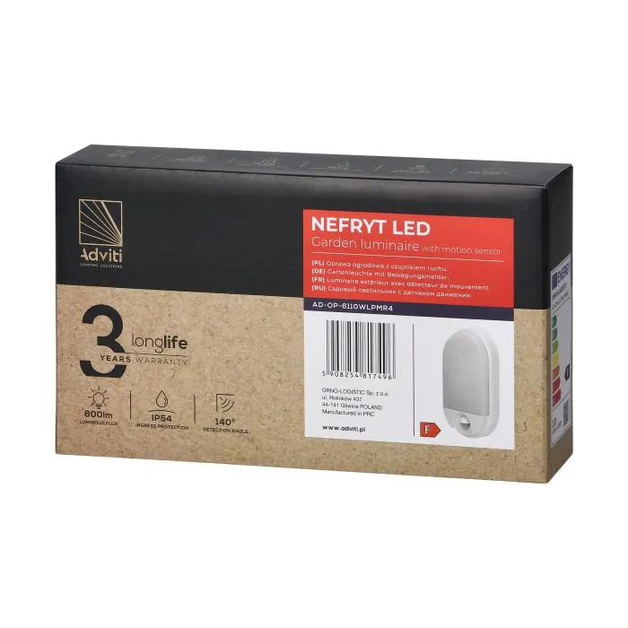 [ORNAD-OP-6110WLPMR4] 140046-NEFRYT LED 10W, luminaire de jardin, blanc avec détecteur de mouvement 140°, 800lm, IP54, 4000K-ORN