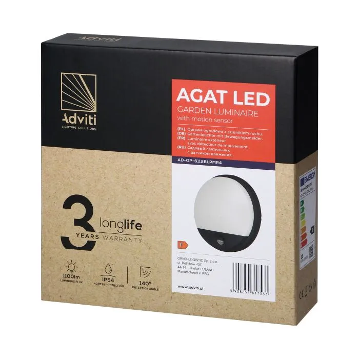 [ORNAD-OP-6112BLPMR4] 140048-AGAT LED 15W, luminaire de jardin, noir avec détecteur de mouvement, 140°, 1100lm, IP54, 4000K-ORN