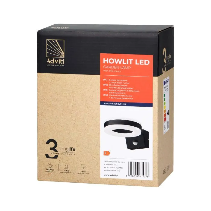 [ORNAD-OP-6205BLPMR4] 140055-HOWLIT LED 20W, luminaire de jardin noir avec détecteur de mouvement, 1800lm, IP65, 4000K-ORN
