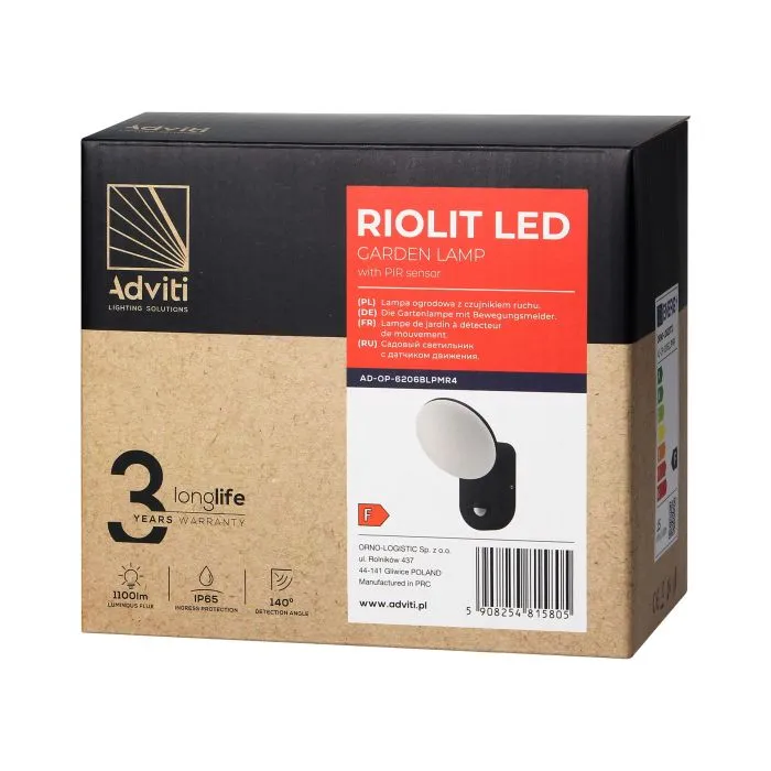 [ORNAD-OP-6206BLPMR4] 146633 - RIOLIT LED 15W, black garden luminaire with motion sensor, 1100lm, IP65, 4000KORN