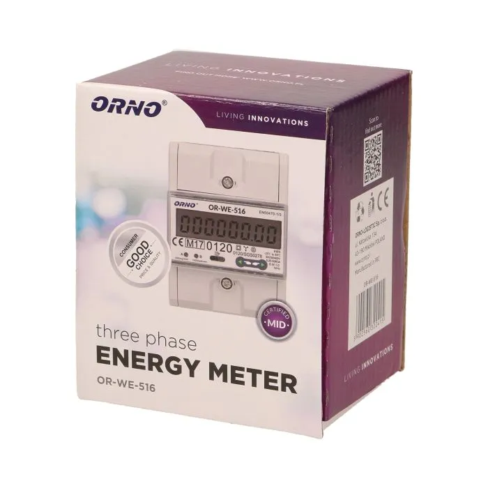 [ORNOR-WE-516] 140068- Compteur d'énergie triphasé avec RS-485, 80A, MID, 4,5 modules, DIN TH-35mm