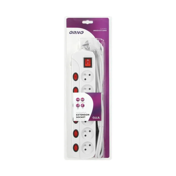 [ORNOR-AE-13162/1,5M] 140139-Bande multiprise avec interrupteurs ON/OFF indépendants pour 6 prises, câble 3x1mm2, longueur 1,5m, consommation totale 2300W , pour la Belgique et la France -ORN