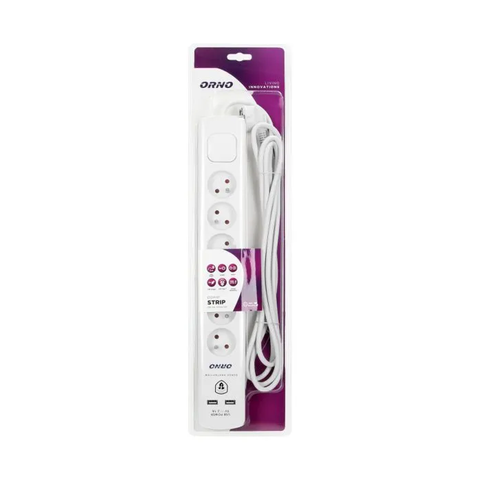 [ORNOR-AE-13163/3M] 140140-Multiprise avec parasurtenseur et interrupteur principal 6 prises, 2 chargeurs USB, câble 3x1mm2, longueur 3m, consommation électrique totale de 2300W, pour la Belgique et la France -ORN