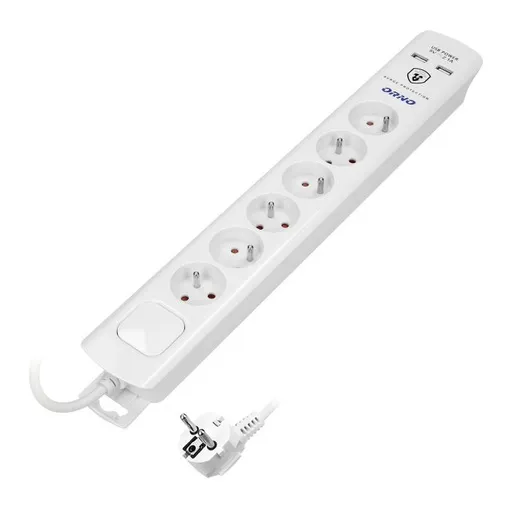 [ORNOR-AE-13163/3M] 140140-Multiprise avec parasurtenseur et interrupteur principal 6 prises, 2 chargeurs USB, câble 3x1mm2, longueur 3m, consommation électrique totale de 2300W, pour la Belgique et la France -ORN