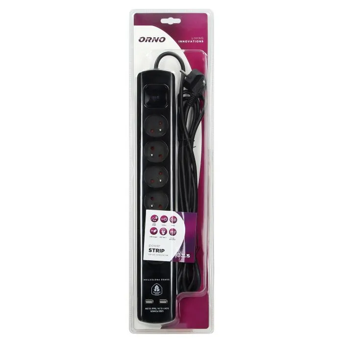 [ORNOR-AE-13163/B/3M] 140141-Multiprise avec parasurtenseur et interrupteur principal, noir 6 prises, 2 chargeurs USB, câble 3x1mm2, longueur 3m, consommation électrique totale de 2300W, pour la Belgique et la France -ORN