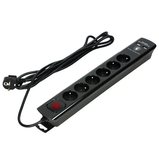[ORNOR-AE-13163/B/3M] 140141-Multiprise avec parasurtenseur et interrupteur principal, noir 6 prises, 2 chargeurs USB, câble 3x1mm2, longueur 3m, consommation électrique totale de 2300W, pour la Belgique et la France -ORN
